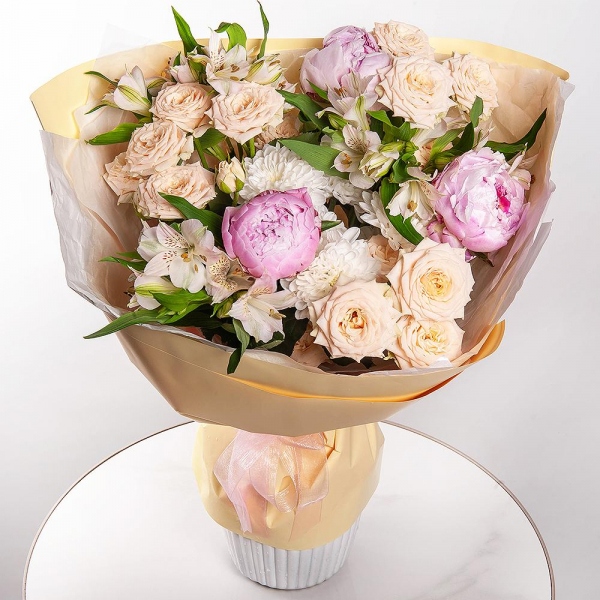 Peony pink - 3, Spray rose: white, cream, light pink 50 cm - 3, Alstromeria white, soft pink - 5, Baltica White Spray Chrysanthemum - 1, Wrapping Paper