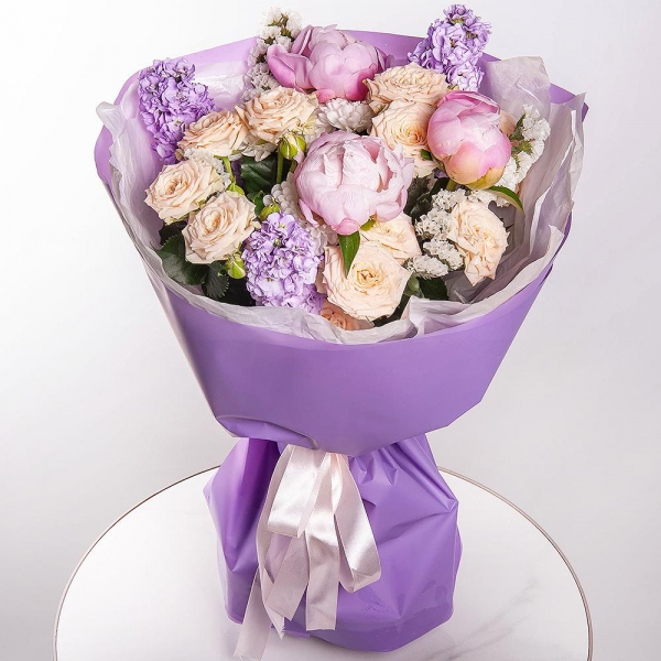 Peony pink - 3, Matthiola Lilac - 3, Baltica White Spray Chrysanthemum - 4, Spray rose: white, cream, light pink 50 cm - 2, White statice, Wrapping Paper