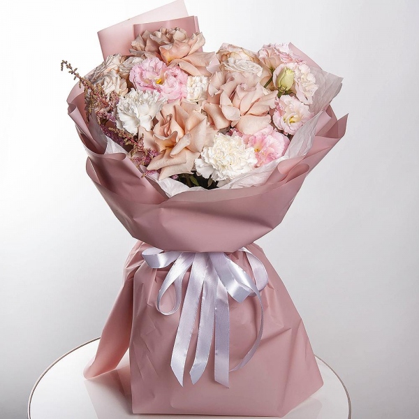Rose Pink 50 cm Ecuador (Chelo, Hermosa, Novia, Titanik, Engagement, Pink Mondiale) - 7, Peony sprayrose - 2, Carnation white, cream - 7, Pink Lisianthus (Eustoma) - 2, Baltica White Spray Chrysanthemum - 1, Astilbe, Wrapping Paper