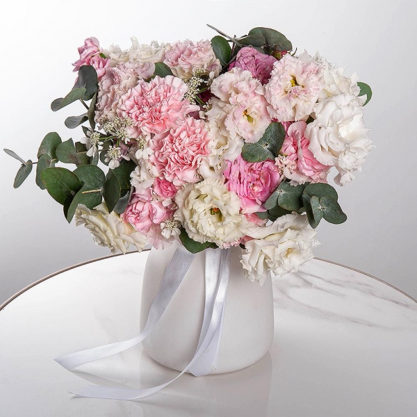 Pink carnation - 7, Pink spray carnation - 8, lisianthus - 3, Peony sprayrose - 1, Pink Lisianthus (Eustoma) - 3, Eucalyptus, Limonium (1 pc.), Ribbon