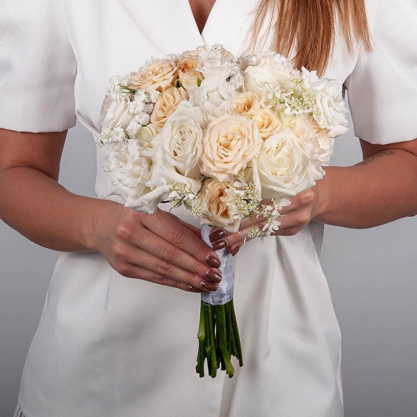 Carnation white, cream - 11, White rose 50 cm Ecuador - 5, lisianthus - 4, Gypsophila - 3, Ribbon