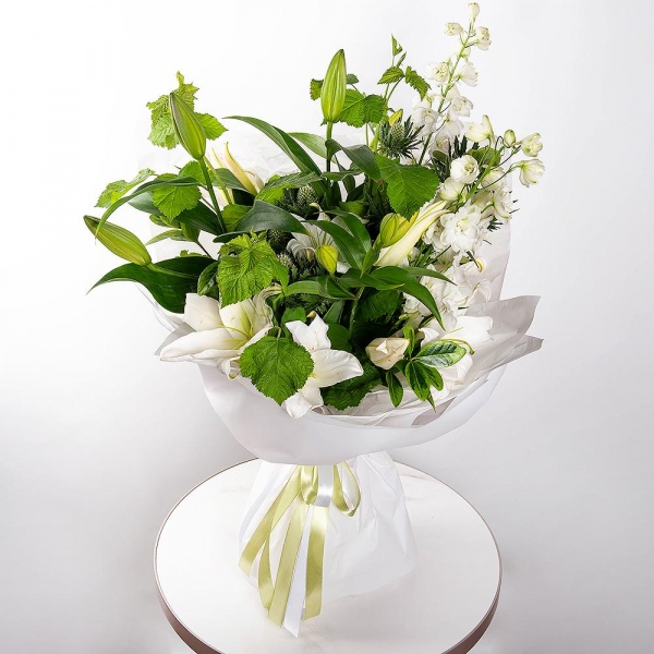 Lilies - 2, Blue Delphinium, Eryngium, Pittosporum,  Raspberry branch, Wrapping Paper