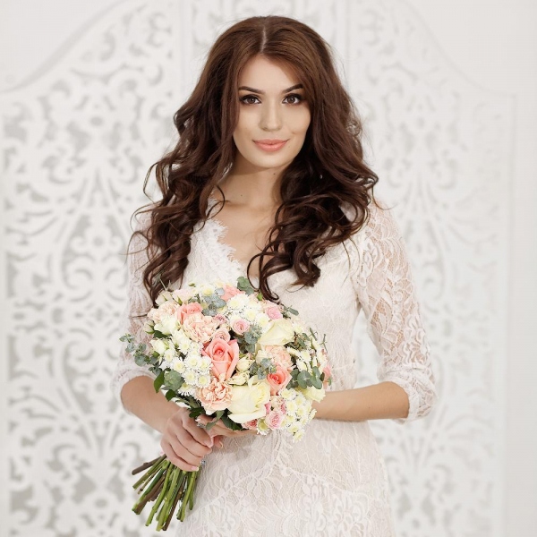 Pink rose 50 cm - 7, White rose 50 cm - 4, Spray rose: white, cream, light pink 50 cm - 8, Carnation white, cream - 5, Athos poms Stallion - 5, Eucalyptus parvifolia (1 pc.), Wrapping Paper, Ribbon