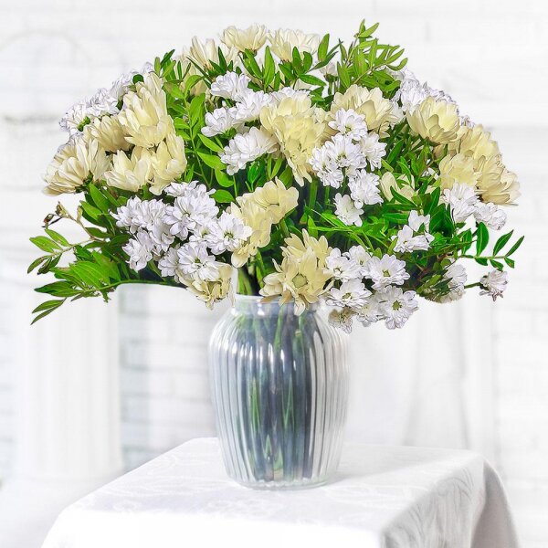Santini White Spray Chrysanthemum - 10, Bacardi White Spray Chrysanthemum - 5, Pistachio, Mesh (Abaka), Ribbon