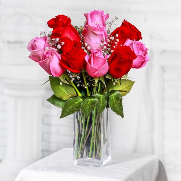 Red rose 50 cm - 5, Pink rose 50 cm - 6, Gypsophila - 2, Ribbon