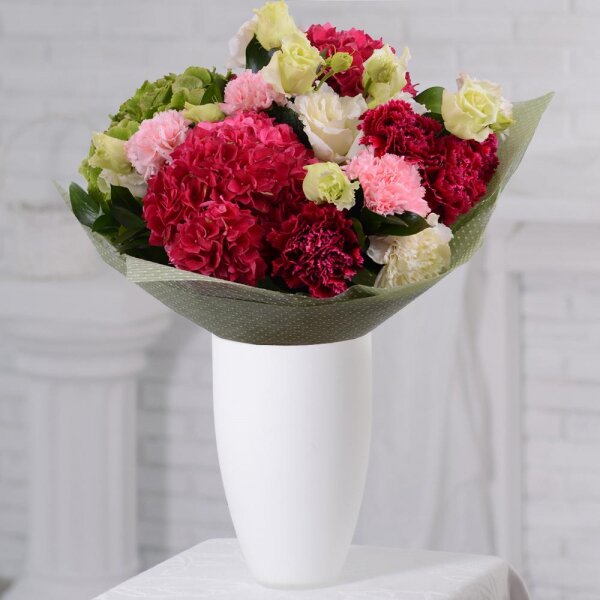 Pink Hydrangea - 2, Carnation red - 5, lisianthus - 3, Pink carnation - 3, Carnation white, cream - 3, Green Hydrangea - 1, Ruscus, Felt, Ribbon