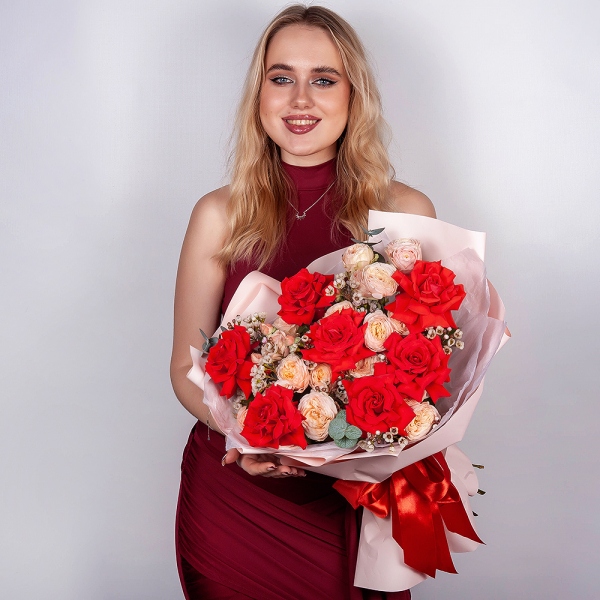 Red rose Nina 50 cm - 7, Spray rose: white, cream, light pink 50 cm - 5, Waxflower (1 pc.), Wrapping Paper, Eucalyptus