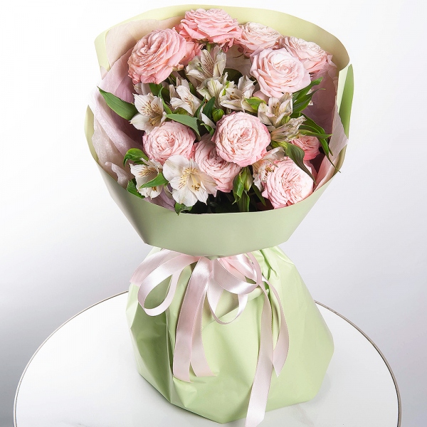 Peony sprayrose - 4, Alstromeria white, soft pink - 3, Wrapping Paper