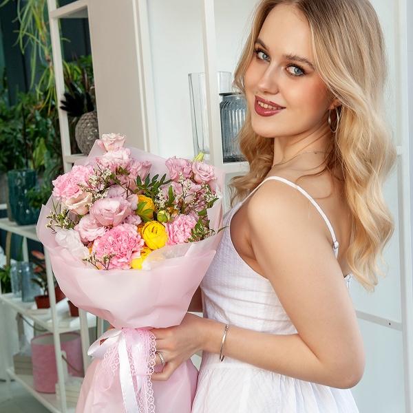 Pink Lisianthus (Eustoma) - 3, Pink carnation - 3, Spray rose: yellow, orange 50 cm - 2, Pistachio, Limonium (1 pc.), Wrapping Paper