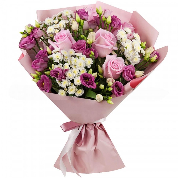 Baltica White Spray Chrysanthemum - 4, Pink Lisianthus (Eustoma) - 4, Pink rose 50 cm - 7, Wrapping Paper