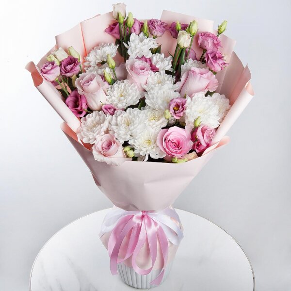 Baltica White Spray Chrysanthemum - 4, Pink Lisianthus (Eustoma) - 4, Pink rose 50 cm - 7, Wrapping Paper