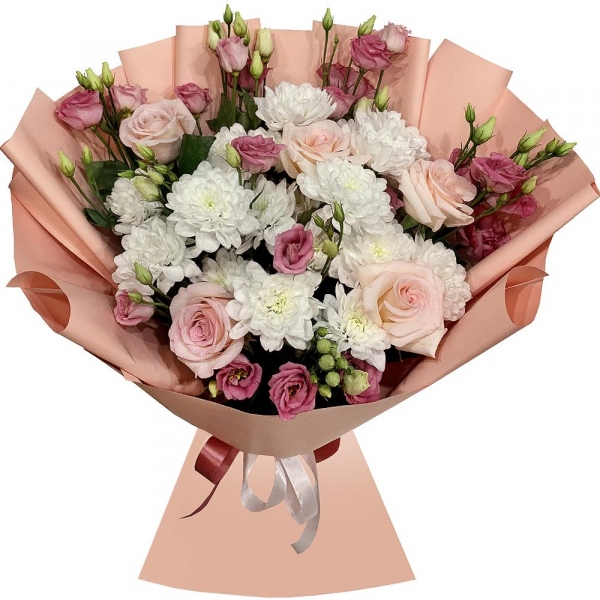 Baltica White Spray Chrysanthemum - 4, Pink Lisianthus (Eustoma) - 4, Pink rose 50 cm - 7, Wrapping Paper