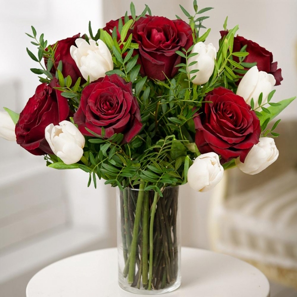 Red rose 50 cm - 10, Tulip white - 13, Pistachio, Wrapping Paper, Ribbon