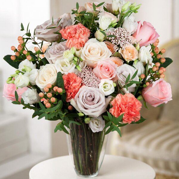 Pink rose 50 cm - 3, Pink carnation - 3, lisianthus - 3, Spray rose: white, cream, light pink 50 cm - 2, White rose 50 cm - 2, Rose Powder 50 cm Ecuador (Quicksand, Menta) - 4, Ozotamnus, Eucalyptus parvifolia (1 pc.), Hypericum, Wrapping Paper