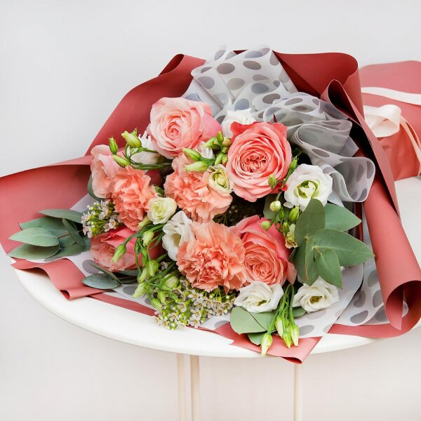 Peony rose Kahala 50 cm - 5, Pink carnation - 3, lisianthus - 3, Waxflower (1 pc.), Eucalyptus Cinerea, Wrapping Paper