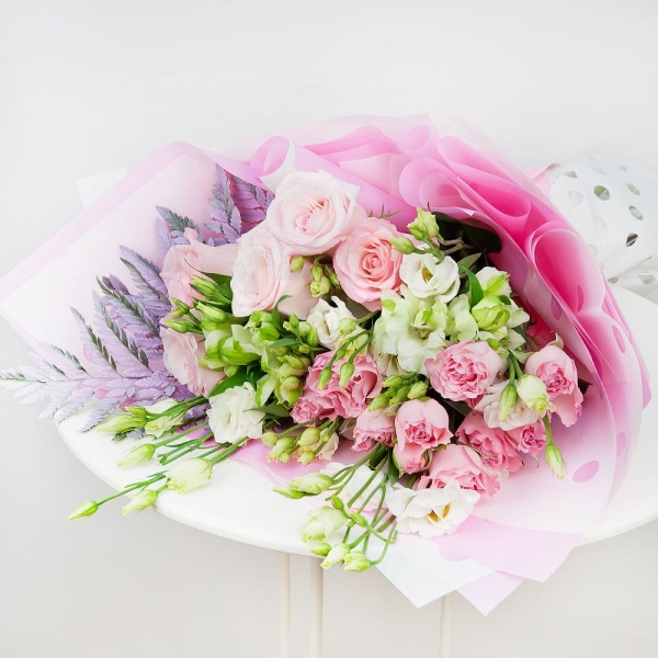 lisianthus - 4, Bright pink spray rose mix, 50 cm - 3, Alstromeria white, soft pink - 2, Pink rose 50 cm - 5, Fern (1 pc.), Wrapping Paper