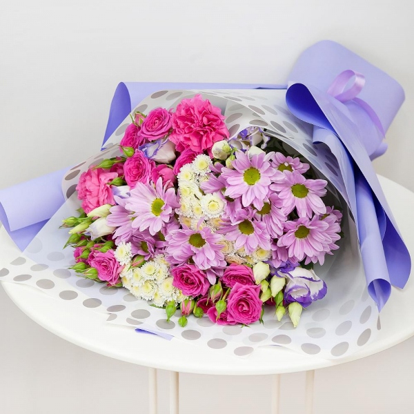 Bright pink spray rose mix, 50 cm - 3, Bacardi Pink Spray Chrysanthemum - 2, Pink carnation - 2, Purple Lisianthus (Eustoma) - 3, Athos poms Stallion - 2, Wrapping Paper, Ribbon