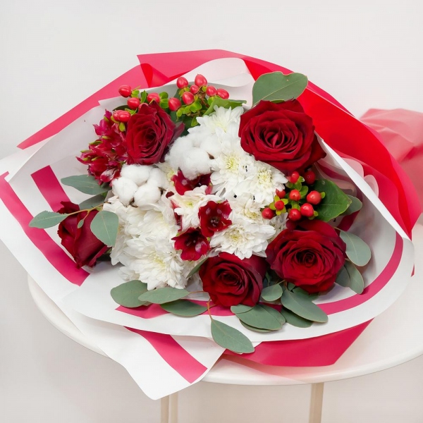 Red rose 50 cm - 5, Baltica White Spray Chrysanthemum - 2, Alstromeria Red, Bright Pink - 2, Hypericum, Cotton bud, Eucalyptus populus (1 pc.), Wrapping Paper, Ribbon