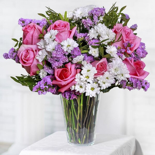 Pink rose 50 cm - 7, Santini White Spray Chrysanthemum - 5, Pistachio, Mesh (Abaka), Blue Statice, Ribbon