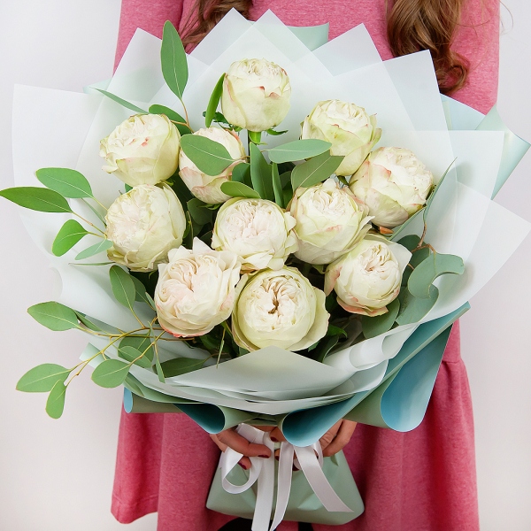 Peony style roses - 15, Eucalyptus parvifolia (1 pc.), Wrapping Paper, Ribbon