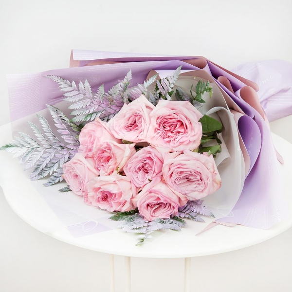 Peony style roses - 13, Fern (1 pc.), Wrapping Paper, Ribbon