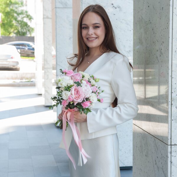 Peony rose pink 'OHara' - 5, Peony pink - 4, White spray carnation - 4, Pink spray carnation - 5, lisianthus - 3, Eucalyptus parvifolia (1 pc.), Ribbon