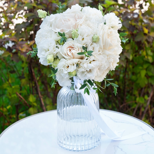White rose 50 cm Ecuador - 5, Carnation white, cream - 9, lisianthus - 4, Eucalyptus parvifolia (1 pc.), Ribbon