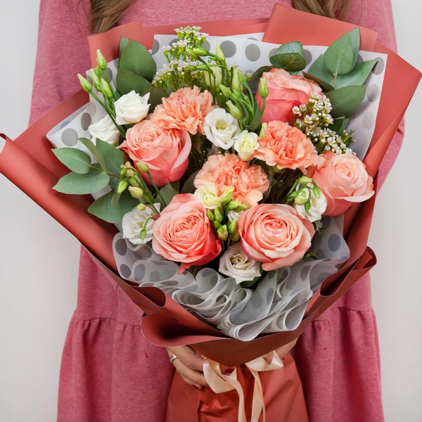 Peony rose Kahala 50 cm - 5, Pink carnation - 3, lisianthus - 3, Waxflower (1 pc.), Eucalyptus Cinerea, Wrapping Paper