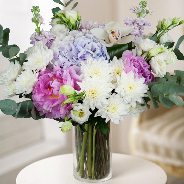 Blue/purple hydrangea - 1, Peony pink - 3, White Cymbidium Orchid Bud - 2, Baltica White Spray Chrysanthemum - 2, Matthiola Lilac - 3, lisianthus - 4, Baltica Pink Spray Chrysanthemum - 2, Flask for orchids, Aspidistra (1 pc.), Eucalyptus Cinerea, Wrapping Paper