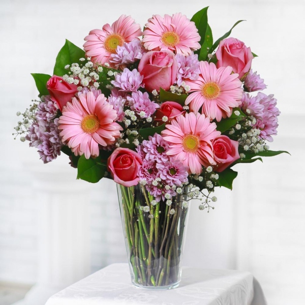 Pink rose 50 cm - 6, Gerbera pink - 5, Bacardi Pink Spray Chrysanthemum - 5, Gypsophila - 3, Salal, Felt, Ribbon