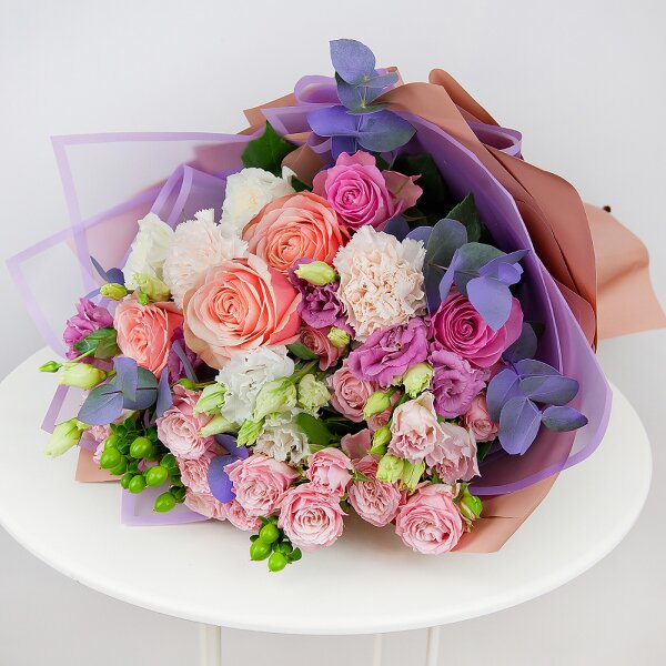 Peony rose Kahala 50 cm - 3, Pink rose 50 cm - 2, Pink Lisianthus (Eustoma) - 1, Bright pink spray rose mix, 50 cm - 2, Carnation white, cream - 2, White rose 50 cm - 2, lisianthus - 2, Hypericum, Eucalyptus Cinerea, Wrapping Paper