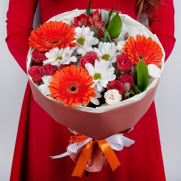 Gerbera pink - 3, Bacardi White Spray Chrysanthemum - 2, Pink spray carnation - 3, Bright pink spray rose mix, 50 cm - 2, Alstromeria white, soft pink - 2, Eucalyptus Cinerea, Wrapping Paper