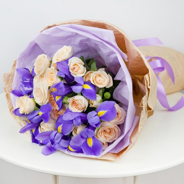 Spray rose: white, cream, light pink 50 cm - 8, Irises - 7, Wrapping Paper