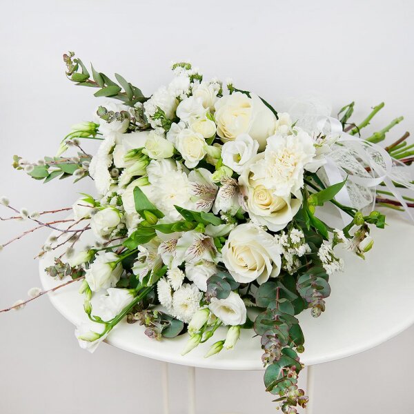 White rose 50 cm - 5, Spray rose: white, cream, light pink 50 cm - 2, Alstromeria white, soft pink - 1, Baltica White Spray Chrysanthemum - 2, Carnation white, cream - 2, lisianthus - 1, White statice, Bunch of willows, Ribbon, Eucalyptus Cinerea