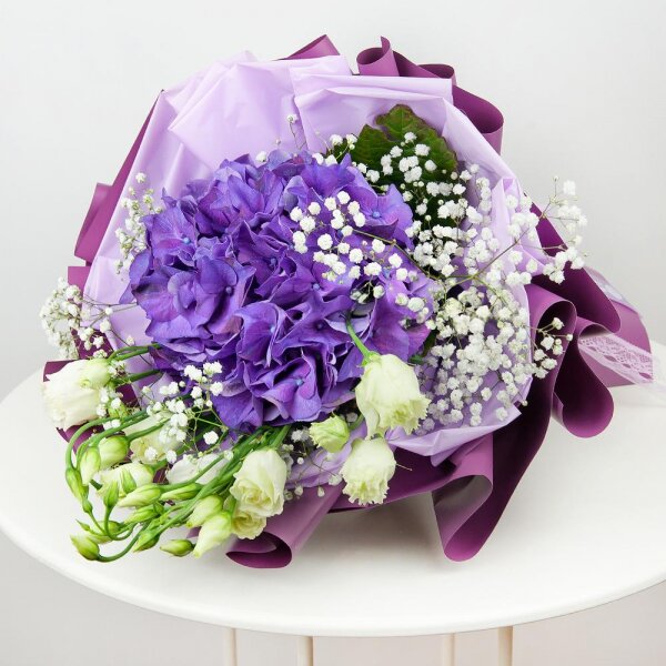 Blue/purple hydrangea - 1, lisianthus - 1, Gypsophila - 1, Wrapping Paper