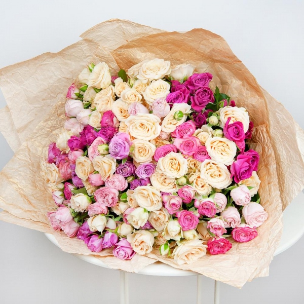 Spray rose 50 cm (multiple small blooms on a stem) - 25, Peony sprayrose - 10, Ribbon, Paper luxury