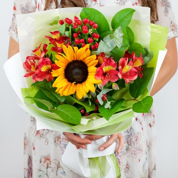 Sunflower - 1, Alstromeria Red, Bright Pink - 5, Hypericum, Salal, Wrapping Paper, Ribbon, Eucalyptus Cinerea