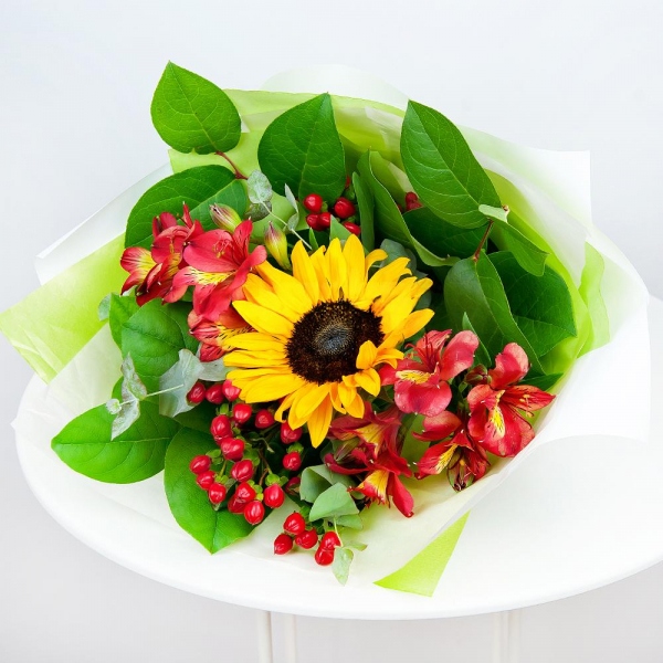 Sunflower - 1, Alstromeria Red, Bright Pink - 5, Hypericum, Salal, Wrapping Paper, Ribbon, Eucalyptus Cinerea