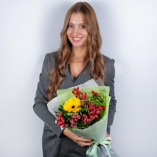 Sunflower - 1, Alstromeria Red, Bright Pink - 5, Hypericum, Salal, Wrapping Paper, Ribbon, Eucalyptus Cinerea
