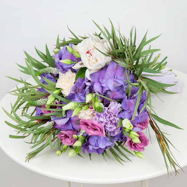 Peony white - 3, Carnation white, cream - 5, Pink Lisianthus (Eustoma) - 3, Blue/purple hydrangea - 1, Veronica spray, Eucalyptus, Flask for orchids, Ribbon