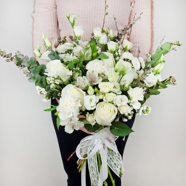 White rose 50 cm - 5, Spray rose: white, cream, light pink 50 cm - 2, Alstromeria white, soft pink - 1, Baltica White Spray Chrysanthemum - 2, Carnation white, cream - 2, lisianthus - 1, White statice, Bunch of willows, Ribbon, Eucalyptus Cinerea