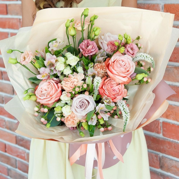 Peony rose Kahala 50 cm - 3, Rose Powder 50 cm Ecuador (Quicksand, Menta) - 2, Carnation white, cream - 3, Alstromeria white, soft pink - 3, Pink Lisianthus (Eustoma) - 2, Spray rose: white, cream, light pink 50 cm - 2, Veronica spray, Hypericum, Eucalyptus populus (1 pc.), Wrapping Paper