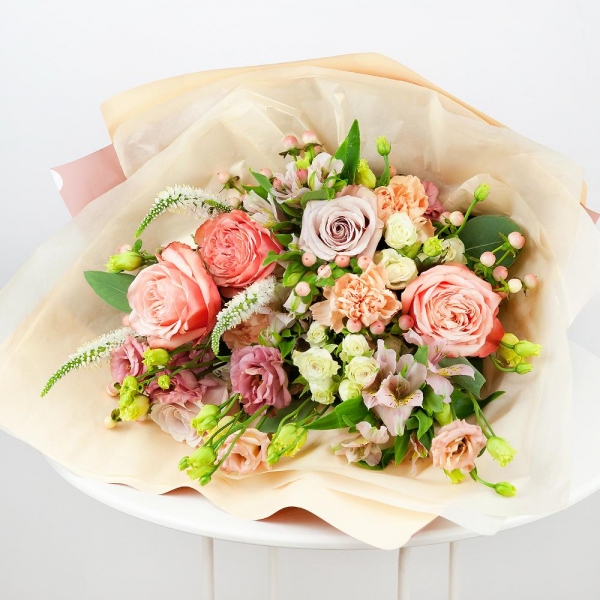 Peony rose Kahala 50 cm - 3, Rose Powder 50 cm Ecuador (Quicksand, Menta) - 2, Carnation white, cream - 3, Alstromeria white, soft pink - 3, Pink Lisianthus (Eustoma) - 2, Spray rose: white, cream, light pink 50 cm - 2, Veronica spray, Hypericum, Eucalyptus populus (1 pc.), Wrapping Paper
