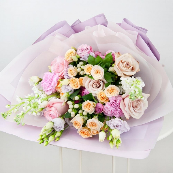 Pink rose 50 cm - 3, Rose Powder 50 cm Ecuador (Quicksand, Menta) - 2, Spray rose: white, cream, light pink 50 cm - 3, Purple Lisianthus (Eustoma) - 2, White Matthiola - 3, Pink carnation - 3, Bright pink spray rose mix, 50 cm - 2, Hypericum, Wrapping Paper