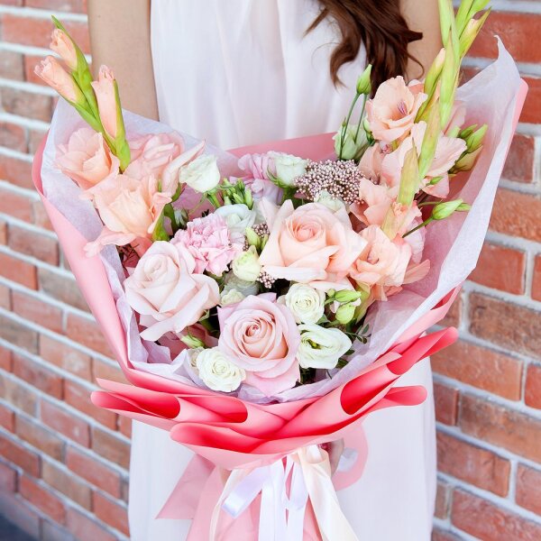 Pink Gladiolus - 3, Pink rose 50 cm - 4, lisianthus - 2, Pink carnation - 2, Spray rose: white, cream, light pink 50 cm - 3, Ozotamnus, Wrapping Paper