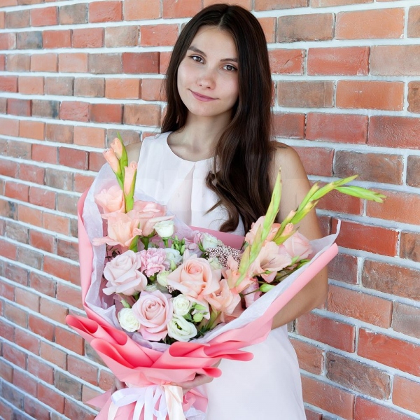 Pink Gladiolus - 3, Pink rose 50 cm - 4, lisianthus - 2, Pink carnation - 2, Spray rose: white, cream, light pink 50 cm - 3, Ozotamnus, Wrapping Paper