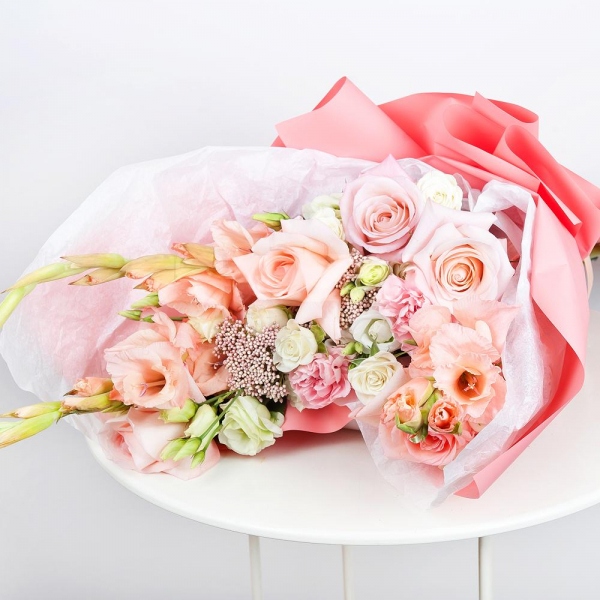 Pink Gladiolus - 3, Pink rose 50 cm - 4, lisianthus - 2, Pink carnation - 2, Spray rose: white, cream, light pink 50 cm - 3, Ozotamnus, Wrapping Paper