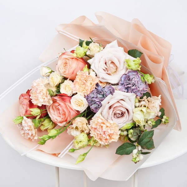 Peony rose Kahala 50 cm - 3, Rose Powder 50 cm Ecuador (Quicksand, Menta) - 2, Lilac carnation - 2, lisianthus - 3, Spray rose: white, cream, light pink 50 cm - 3, Carnation white, cream - 2, Wrapping Paper, Symphoricarpos