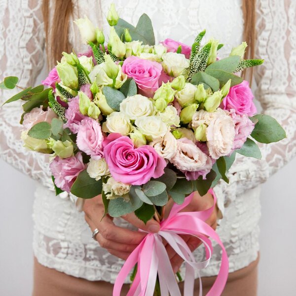 Pink rose 50 cm - 9, Pink Lisianthus (Eustoma) - 6, Spray rose: white, cream, light pink 50 cm - 6, Veronica spray, Ribbon, Eucalyptus