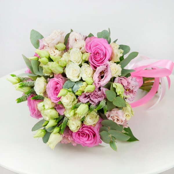 Pink rose 50 cm - 9, Pink Lisianthus (Eustoma) - 6, Spray rose: white, cream, light pink 50 cm - 6, Veronica spray, Ribbon, Eucalyptus
